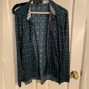 Green Plaid shirt with lace detail on neck